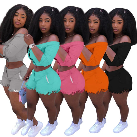 π₯ SEXY OFF-SHOULDER 2-PIECE SET - Trendy Crop Top & Shorts Combo π