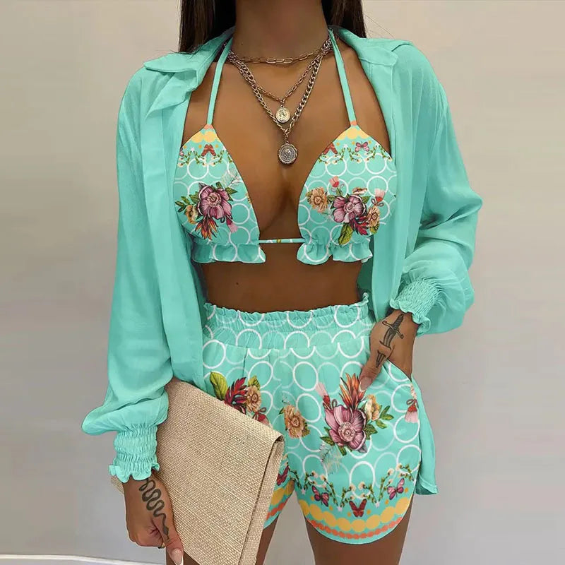 π Fashion Print Short Three-Piece Set