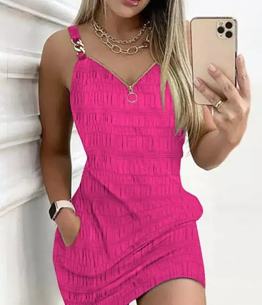 🔥 SEXY SUSPENDER MINI DRESS - V-Neck Zipper Detail & Textured Fabric 💋