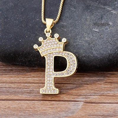 👑 Fashion Luxury A-Z Crown Alphabet Pendant Necklace