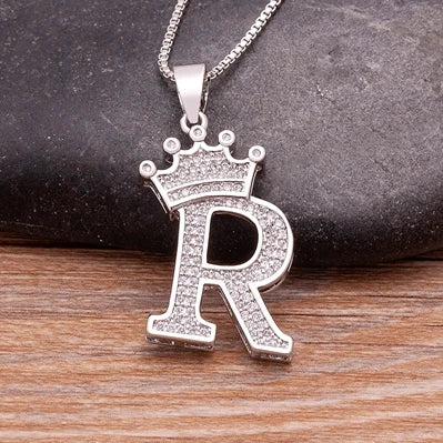 👑 Fashion Luxury A-Z Crown Alphabet Pendant Necklace