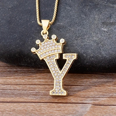 👑 Fashion Luxury A-Z Crown Alphabet Pendant Necklace