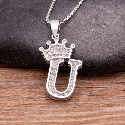 👑 Fashion Luxury A-Z Crown Alphabet Pendant Necklace