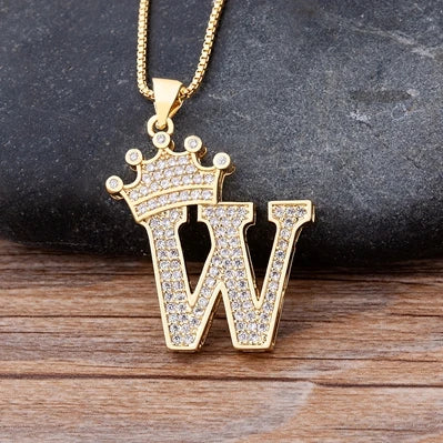 👑 Fashion Luxury A-Z Crown Alphabet Pendant Necklace