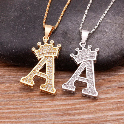 👑 Fashion Luxury A-Z Crown Alphabet Pendant Necklace