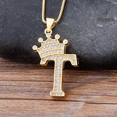 👑 Fashion Luxury A-Z Crown Alphabet Pendant Necklace