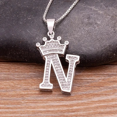 👑 Fashion Luxury A-Z Crown Alphabet Pendant Necklace