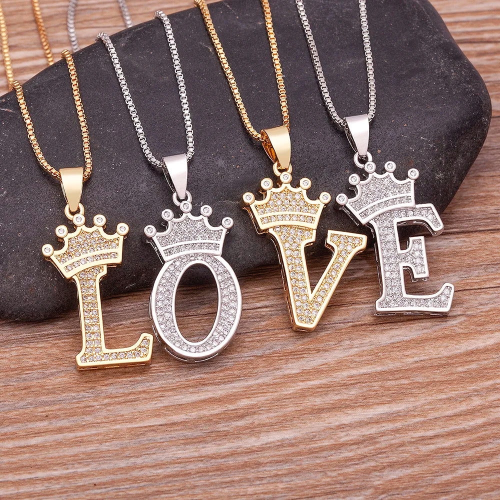 👑 Fashion Luxury A-Z Crown Alphabet Pendant Necklace