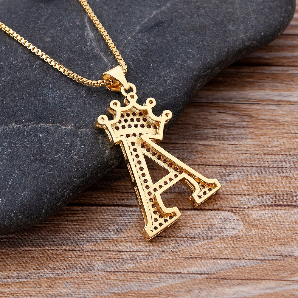 👑 Fashion Luxury A-Z Crown Alphabet Pendant Necklace
