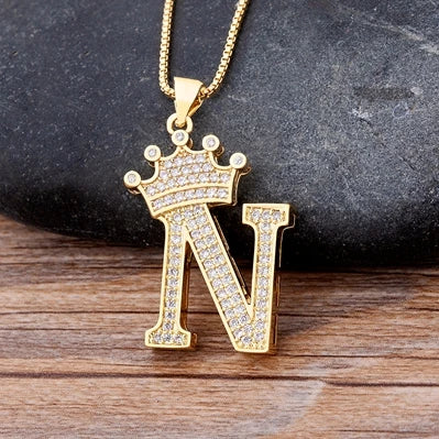 👑 Fashion Luxury A-Z Crown Alphabet Pendant Necklace