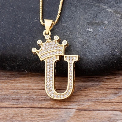 👑 Fashion Luxury A-Z Crown Alphabet Pendant Necklace