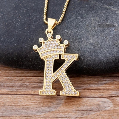👑 Fashion Luxury A-Z Crown Alphabet Pendant Necklace
