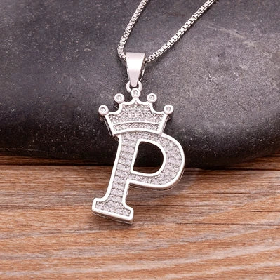 👑 Fashion Luxury A-Z Crown Alphabet Pendant Necklace