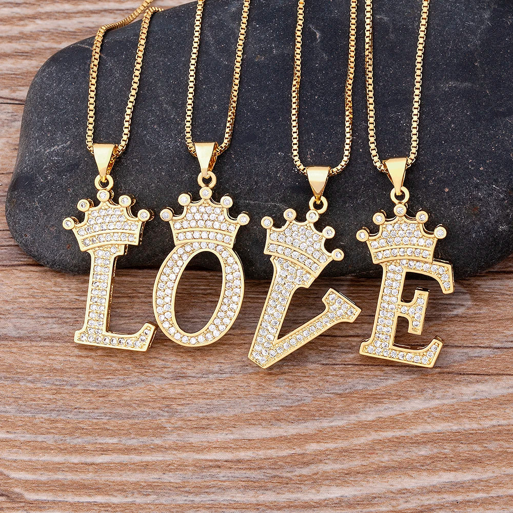 👑 Fashion Luxury A-Z Crown Alphabet Pendant Necklace