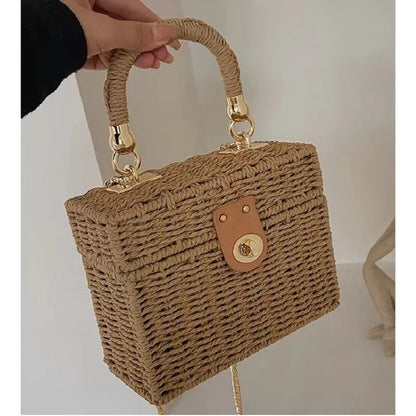 👜 New Rattan Black Straw Shoulder Bag – Handwoven Beach Style
