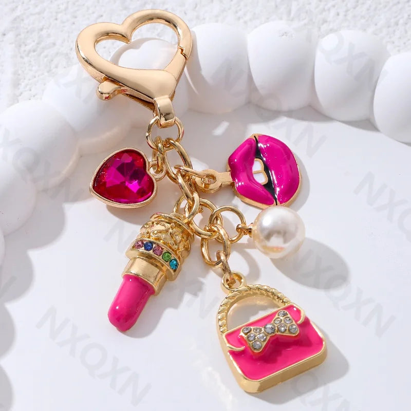 💋 Pretty Rose Red Bag Lips Flamingos Lipstick Enamel Keychain