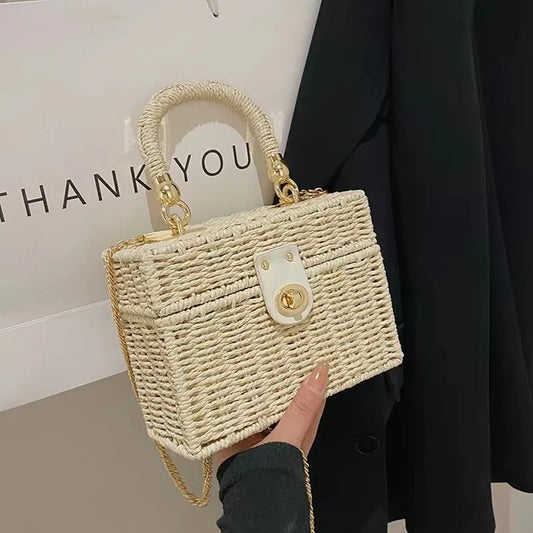 👜 New Rattan Black Straw Shoulder Bag – Handwoven Beach Style
