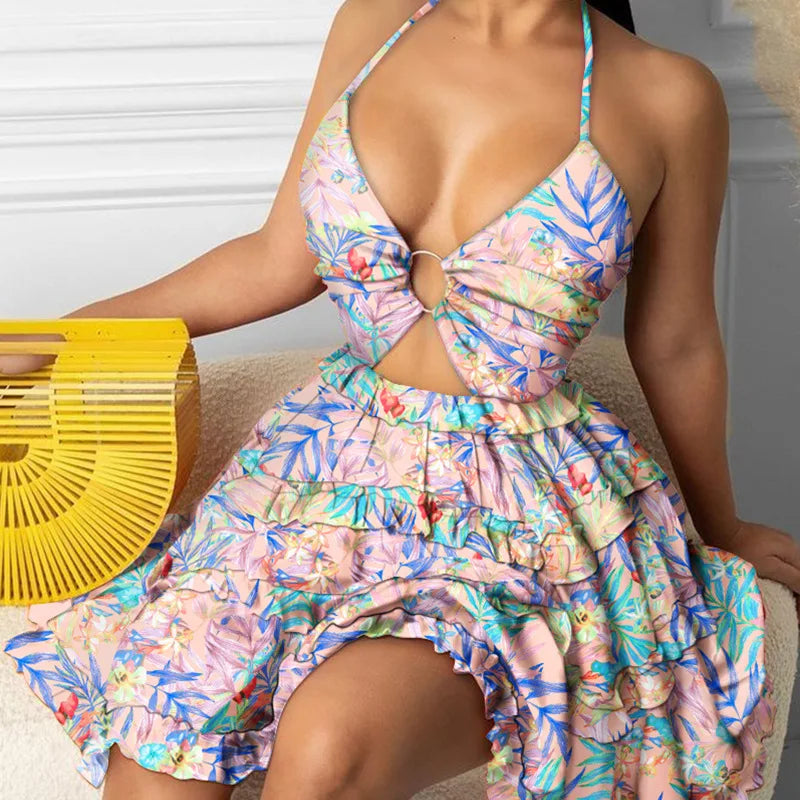 🌞 Summer New Printed Halter Neck Mini Dresses