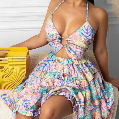 🌞 Summer New Printed Halter Neck Mini Dresses