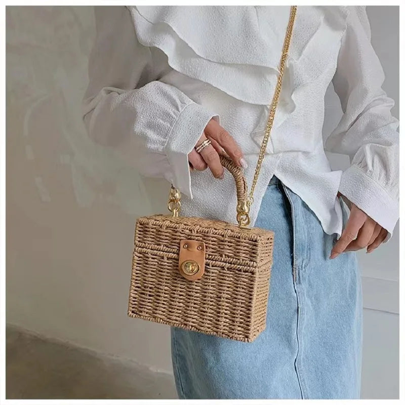 👜 New Rattan Black Straw Shoulder Bag – Handwoven Beach Style