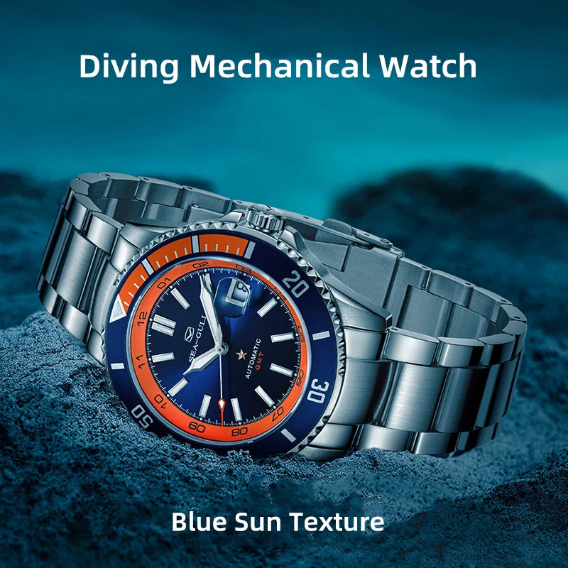 🌊 Seagull Dual Time Zone Men's Watch – Automatic Mechanical 200M Waterproof