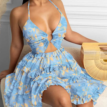 🌞 Summer New Printed Halter Neck Mini Dresses