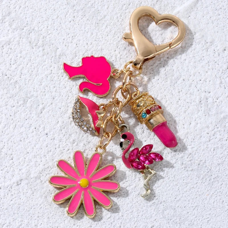 💋 Pretty Rose Red Bag Lips Flamingos Lipstick Enamel Keychain