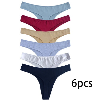 👙 6pcs Cotton Women's Thongs – Breathable Low Waist Underwear
