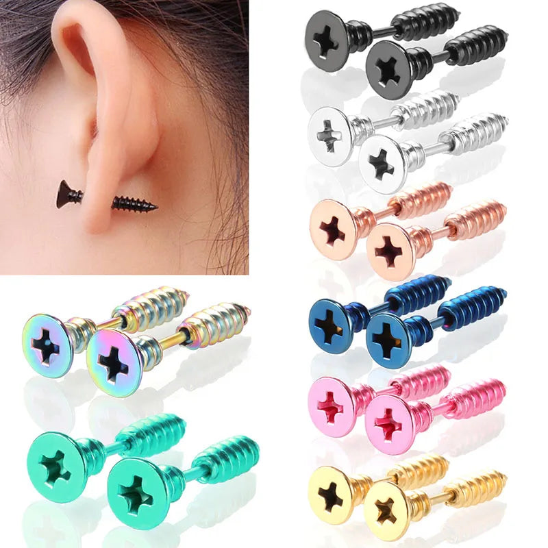 ⚡ 1 Pair Punk Fashion Colorful Stainless Steel Nail Screw Stud Earrings