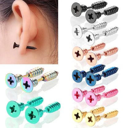 ⚡ 1 Pair Punk Fashion Colorful Stainless Steel Nail Screw Stud Earrings