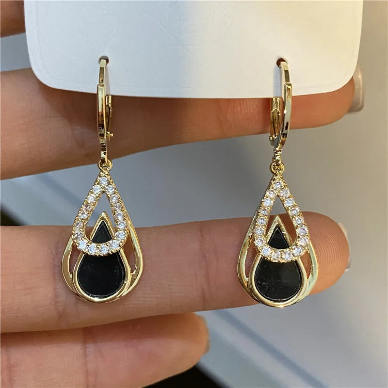 💎 Black & Gold Drop Hoop Earrings