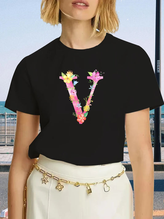 🌸 Women’s Letter V Floral Print T-Shirt