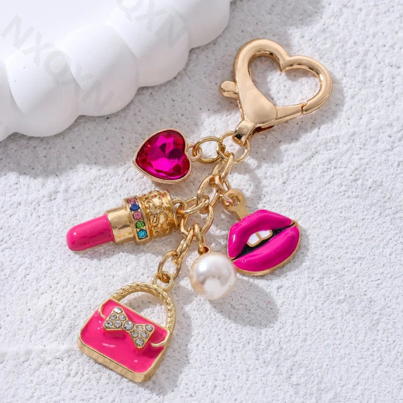 💋 Pretty Rose Red Bag Lips Flamingos Lipstick Enamel Keychain