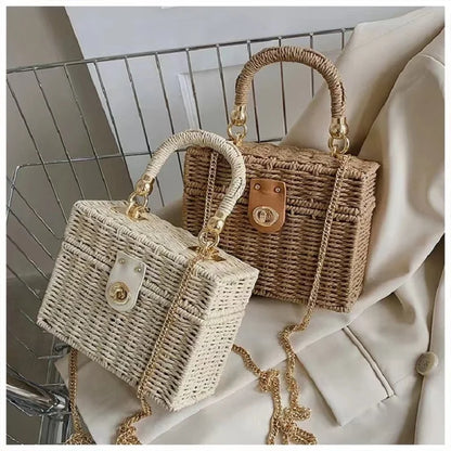 👜 New Rattan Black Straw Shoulder Bag – Handwoven Beach Style
