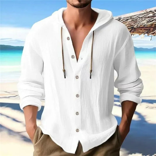 🌿 2025 Men’s Cotton Linen Hooded Shirt