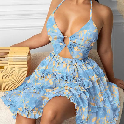 🌞 Summer New Printed Halter Neck Mini Dresses