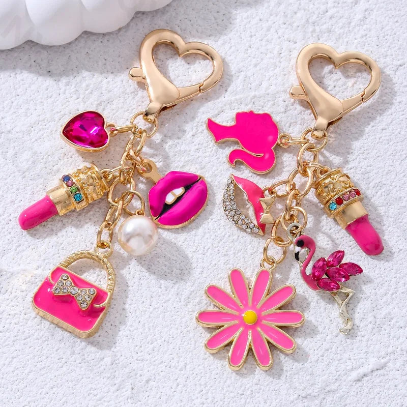 💋 Pretty Rose Red Bag Lips Flamingos Lipstick Enamel Keychain