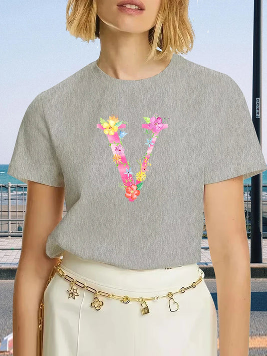 🌸 Women’s Letter V Floral Print T-Shirt