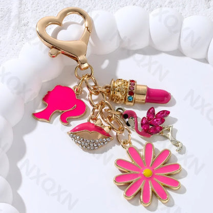💋 Pretty Rose Red Bag Lips Flamingos Lipstick Enamel Keychain