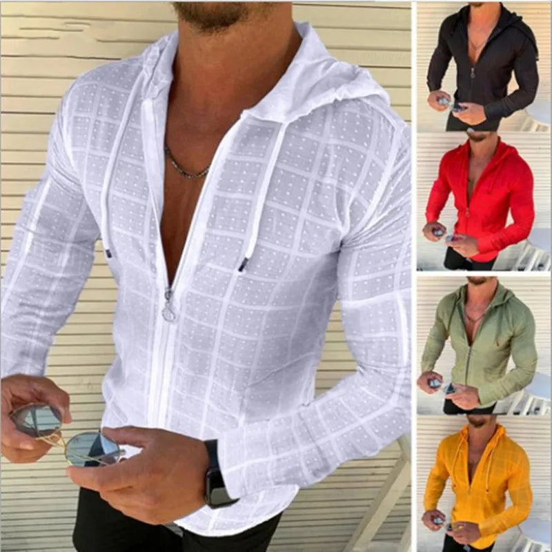🧊 Men's Zip-Up Plaid Hoodie Tee